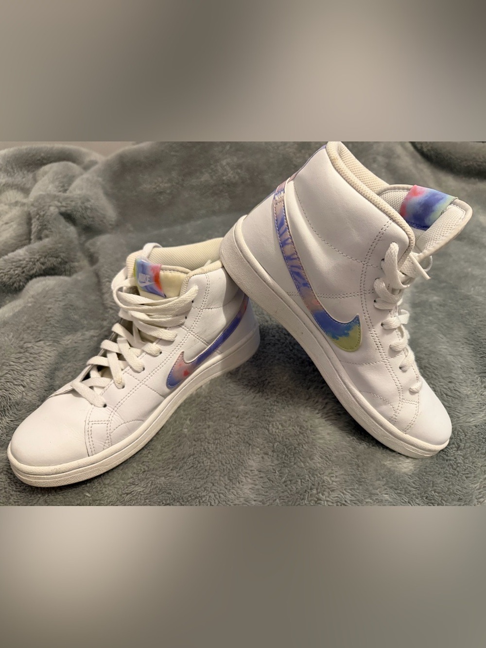 Nike White High-Top Sneakers with Pastel Tie-Dye Swoosh